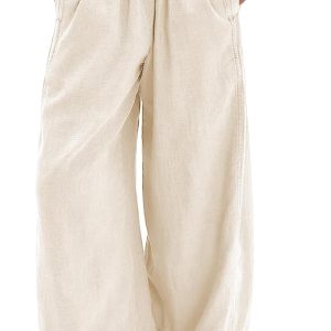 Women’s Linen Cotton Baggy Boho Palazzo Pants – Wide Leg Casual Lounge Trousers with Pockets