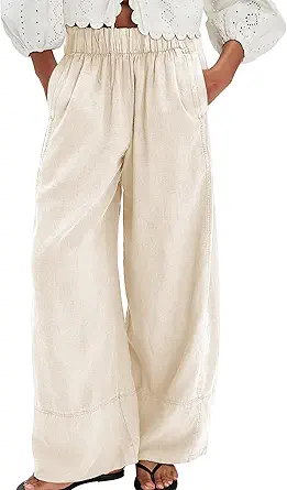 Women's Linen Cotton Baggy Boho Palazzo Pants – Wide Leg Casual Lounge Trousers with Pockets
