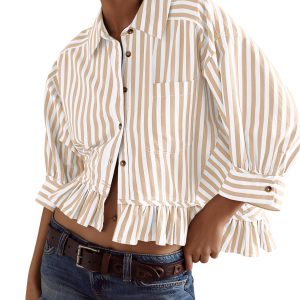 Women’s Striped Button-Down Blouse – 3/4 Sleeve Loose Fit with Ruffle Hem and Drop Shoulder
