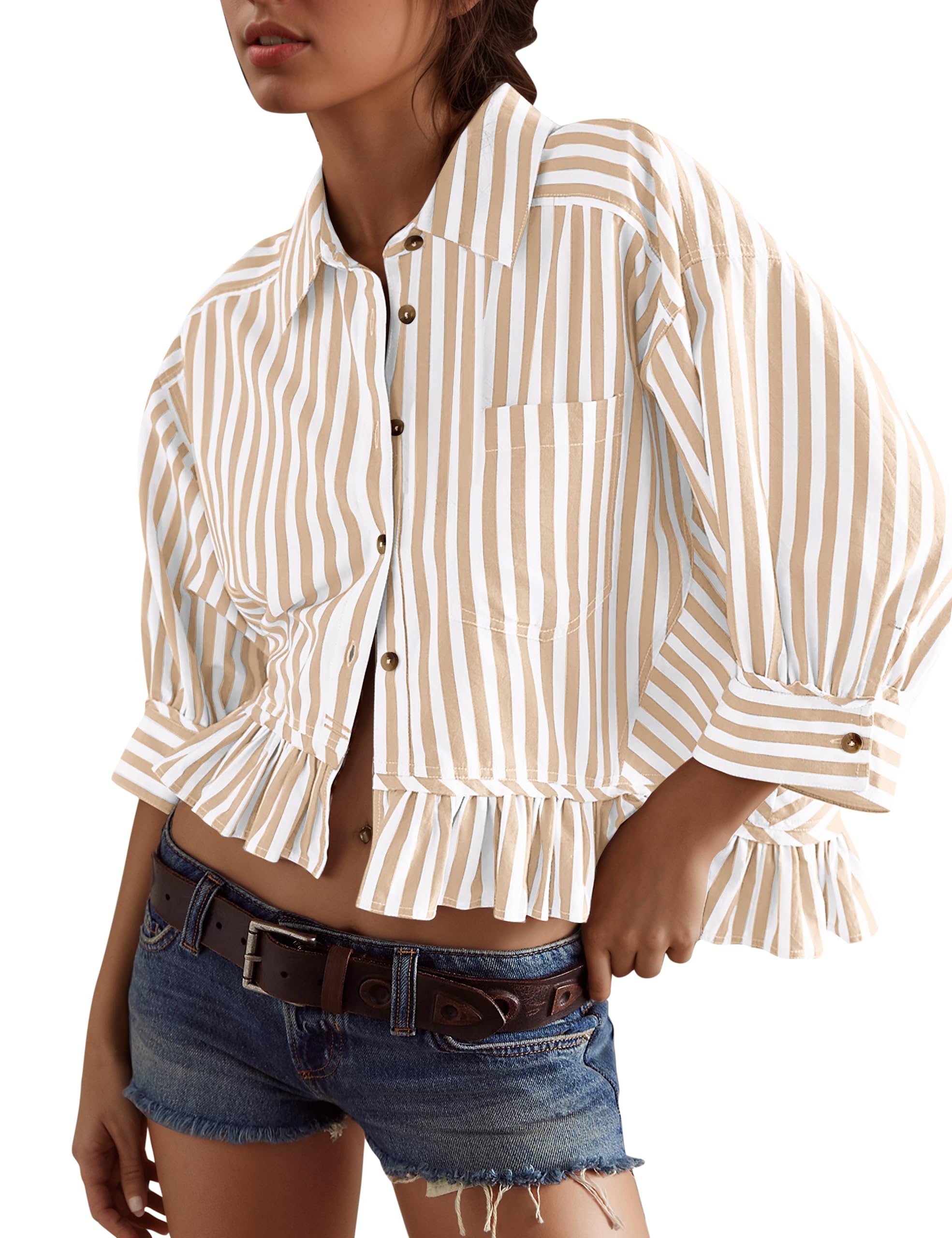 Women's Striped Button-Down Blouse – 3/4 Sleeve Loose Fit with Ruffle Hem and Drop Shoulder 2 Women's Striped Button-Down Blouse – 3/4 Sleeve Loose Fit with Ruffle Hem and Drop Shoulder