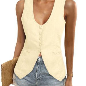 Women’s Scoop Neck Linen Blazer Vest – Sleeveless Fitted Waistcoat for Work and Casual Wear