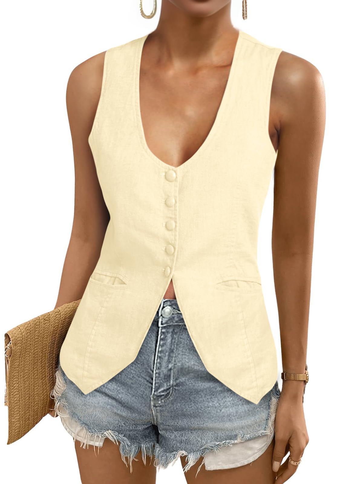 Women's Scoop Neck Linen Blazer Vest – Sleeveless Fitted Waistcoat for Work and Casual Wear
