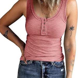 KINLONSAIR Women’s Ribbed Sleeveless Henley Tank Tops, V Neck Button Down Slim Fit Summer Tees