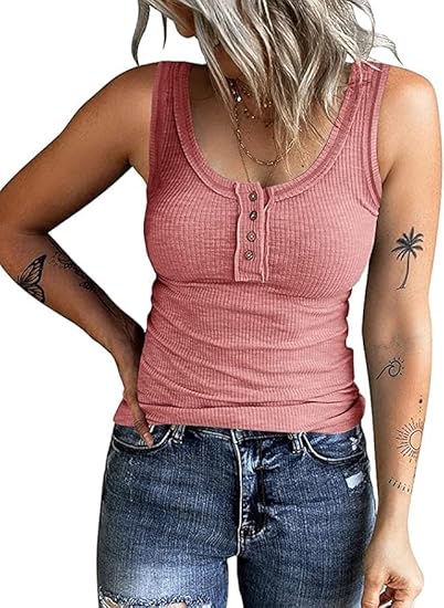 KINLONSAIR Women's Ribbed Sleeveless Henley Tank Tops, V Neck Button Down Slim Fit Summer Tees 2 KINLONSAIR Women's Ribbed Sleeveless Henley Tank Tops, V Neck Button Down Slim Fit Summer Tees