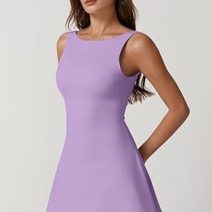 QINSEN Women’s Sleeveless Tennis Dress with Open Back and Built-in Shorts – Athletic Golf Dress with Pockets