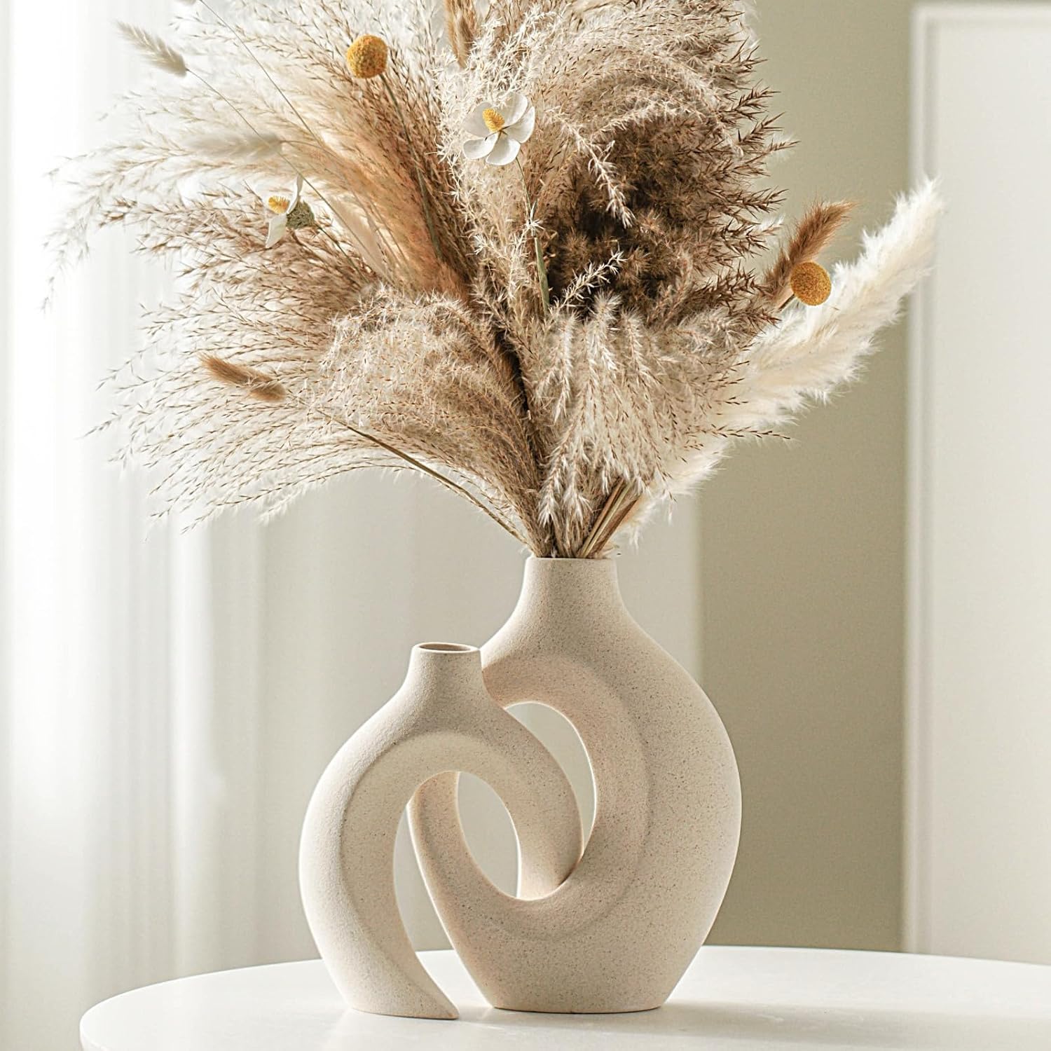 Set of 2 Milky White Ceramic Vases: Nordic Boho Style Decorative Pieces for Home Décor (6.3” W x 8.4” H)