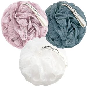 MainBasics Bath Shower Loofah Sponge Set: Exfoliating Body Scrubber Poufs (3-Pack, Airy Blossom)