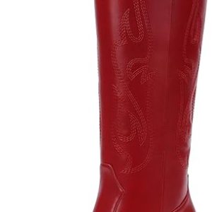Women’s Pasuot Western  Red Cowboy Boots – Knee-High Wide Calf Cowgirl Boots with Embroidery, Slip-On Pointed Toe Chunky Heel, Retro Pull-On Tall Boots for Fall and Winter