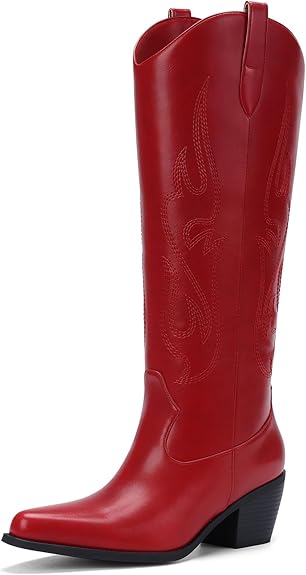 Women's Pasuot Western Red Cowboy Boots - Knee-High Wide Calf Cowgirl Boots with Embroidery, Slip-On Pointed Toe Chunky Heel, Retro Pull-On Tall Boots for Fall and Winter 2 Women's Pasuot Western Red Cowboy Boots - Knee-High Wide Calf Cowgirl Boots with Embroidery, Slip-On Pointed Toe Chunky Heel, Retro Pull-On Tall Boots for Fall and Winter