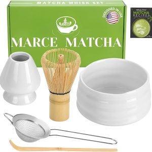 Complete Marce Matcha Tea Set: Bamboo Whisk, Bowl, Sifter, Holder, and Scoop for Perfect Matcha Preparation (White)