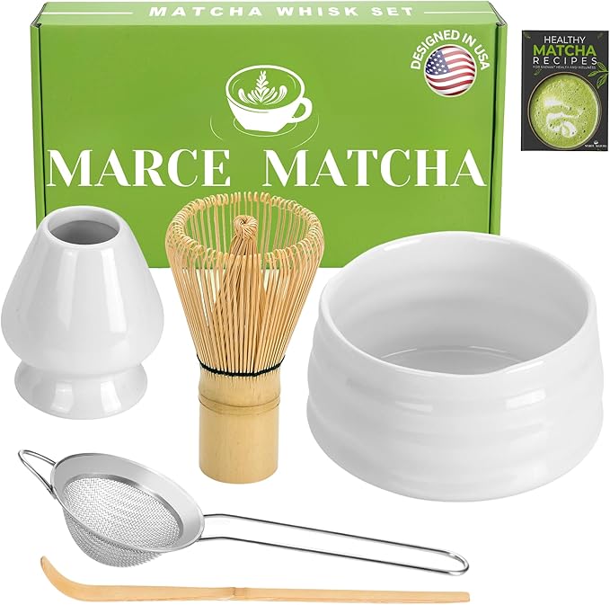 Complete Marce Matcha Tea Set: Bamboo Whisk, Bowl, Sifter, Holder, and Scoop for Perfect Matcha Preparation (White) 2 Complete Marce Matcha Tea Set: Bamboo Whisk, Bowl, Sifter, Holder, and Scoop for Perfect Matcha Preparation (White)