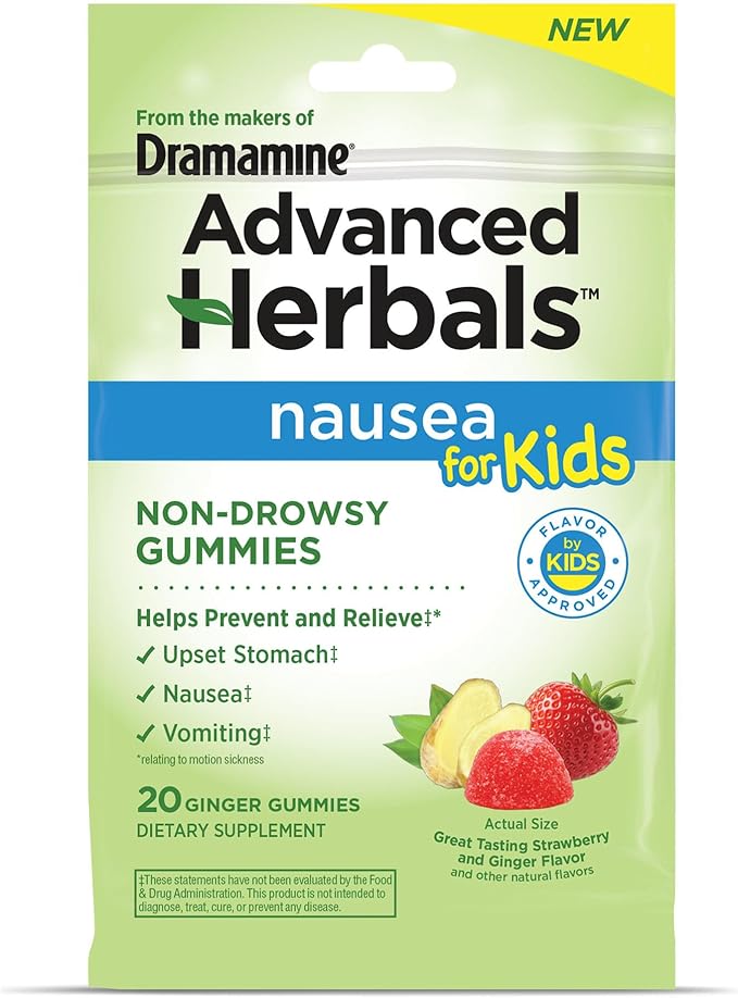 Road Trip Gummies for Kids – Nausea & Motion Sickness Relief with Strawberry & Ginger Flavor, 20 Count – Advanced Herbals by Dramamine