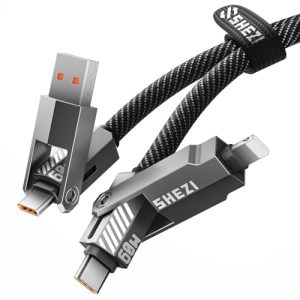 SHEZI Upgraded 4-in-1 5FT USB C Lightning Charging Cable | Nylon Braided Fast Charger for iPhone, iPad, and More | Multi-Connector Cable with Lightning, Type C, and USB A Ports in Grey