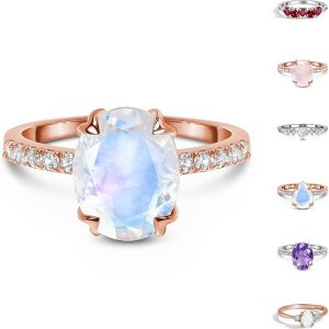 Authentic Rainbow Moonstone and Gemstone Rings for Women – 925 Sterling Silver with 18k Rose and Yellow Gold Birthstone Designs