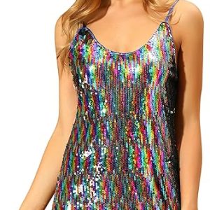Allegra K Women’s Sparkly Mini Dress with Glitter Sequins – Spaghetti Strap V-Neck Party and Cocktail Clubwear