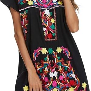 YZXDORWJ Women’s Short Sleeve Mexican Embroidered Dress – Vibrant and Stylish