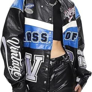 Vamtac Oversized Leather Racing Varsity Jacket – Vintage Letterman Bomber Coat for Trendy Streetwear Style