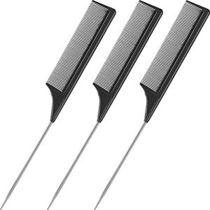 Set of 3 Rat Tail Combs: Heat-Resistant Carbon Fiber Teasing Combs with Stainless Steel Pintail – Black