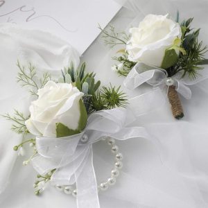 Floroom Ivory Rose Wrist Corsage and Men’s Boutonniere Set: Elegant Wedding and Prom Flower Accessories for Suits