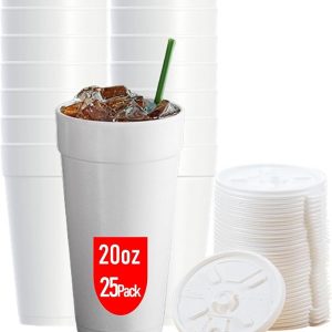 Styrofoam Cups 20 OZ with Lids: Durable Insulating To-Go Cups for Hot & Cold Drinks – 25-Pack Made in the USA, Perfect for Coffee, Soda, Tea, and Juice