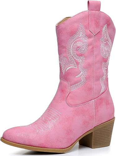 Pink Cowboy Boots: GLOBALWIN Women's Mid Calf Western Cowgirl Boots with Chunky Low Heel 2 Pink Cowboy Boots: GLOBALWIN Women's Mid Calf Western Cowgirl Boots with Chunky Low Heel