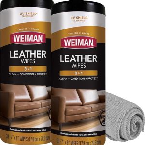 Leather Wipes by Weiman: Clean, Condition, and UV Protect to Prevent Cracking and Fading for Furniture, Car Interiors, Couches, and Shoes – 2 Pack with Microfiber Cloth