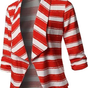 Shop Red Striped Blazer: Women’s Stretch 3/4 Sleeve Open Jacket with Gathered Sleeves
