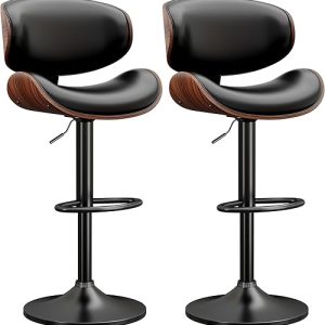 Swivel Bar Stools Set of 2: Adjustable Bentwood Kitchen Counter Chairs with PU Leather Upholstery, Backrest, and Footrest – Modern Design for Bar, Kitchen, and Dining Room in Black