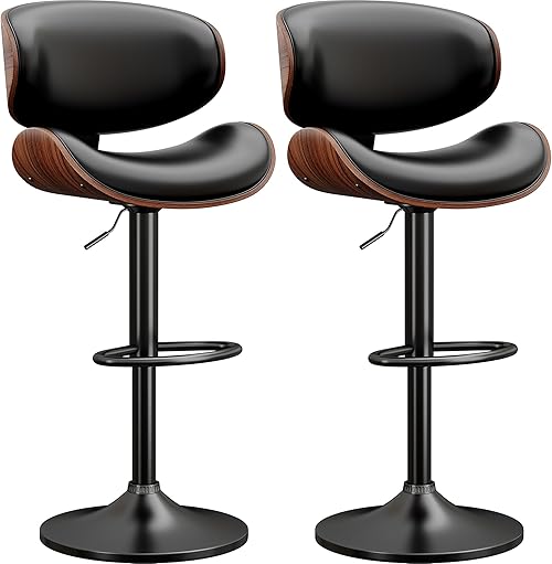 Swivel Bar Stools Set of 2: Adjustable Bentwood Kitchen Counter Chairs with PU Leather Upholstery, Backrest, and Footrest – Modern Design for Bar, Kitchen, and Dining Room in Black
