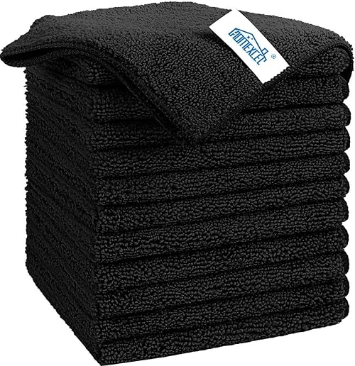 Microfiber Car Cloths - HOMEXCEL 12 Pack Premium Black Cleaning Towels, Lint-Free, Scratch-Free, Highly Absorbent, Reusable Rags for Cars, Household, Kitchen, and Windows, 11.5" x 11.5"