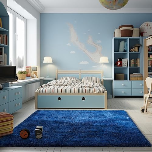 Blue Rug by Ophanie: 4x6 Boys' Bedroom Carpet in Royal Dark Blue, Ideal for Nursery Aesthetic and Kids' Playroom, Soft Shag Area Rug for Girls and Teens Home Decor 2 Blue Rug by Ophanie: 4x6 Boys' Bedroom Carpet in Royal Dark Blue, Ideal for Nursery Aesthetic and Kids' Playroom, Soft Shag Area Rug for Girls and Teens Home Decor