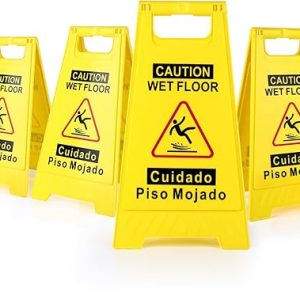 Wet Floor Sign 4-Pack: 17.5″ Bright Yellow Double-Sided Caution Signs with A-Shaped Frame and Bilingual Messages