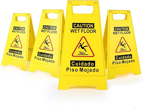Wet Floor Sign 4-Pack: 17.5" Bright Yellow Double-Sided Caution Signs with A-Shaped Frame and Bilingual Messages 2 Wet Floor Sign 4-Pack: 17.5" Bright Yellow Double-Sided Caution Signs with A-Shaped Frame and Bilingual Messages