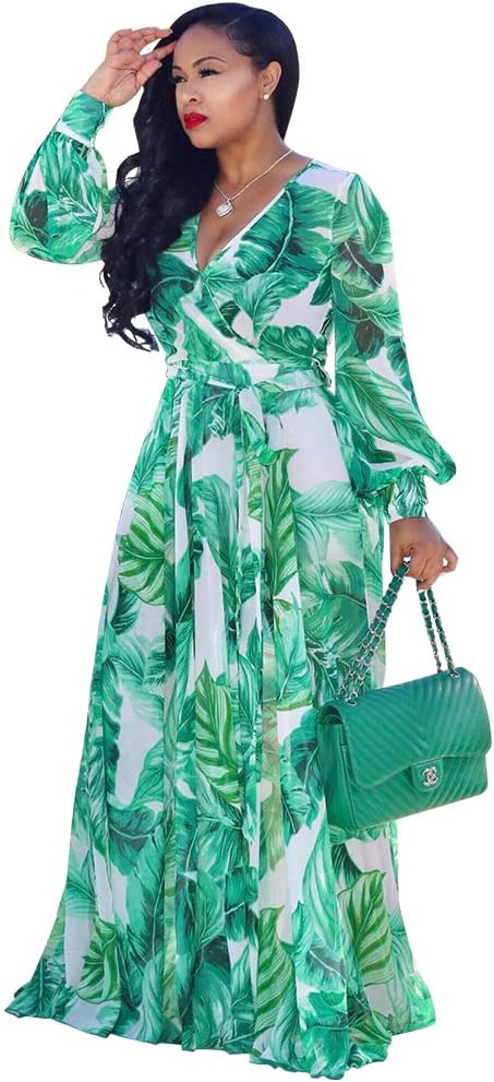 Green Maxi Dress: Nuofengkudu Women's Chiffon Deep V-Neck Stripe Printed Boho Dress – Unique Loose Summer Style (S-5XL)