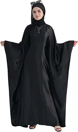 Butterfly Abaya: Women's Satin Prayer Dress with Batwing Long Sleeves – Middle Eastern Arabian Robe with Hijab 2 Butterfly Abaya: Women's Satin Prayer Dress with Batwing Long Sleeves – Middle Eastern Arabian Robe with Hijab