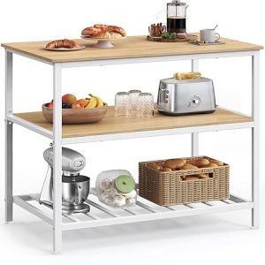 Butcher Block Table: VASAGLE Kitchen Island with 3 Shelves, 39.4-Inch Worktop, Stable Steel Structure, Industrial Design in Oak and White – Easy Assembly UKKI005W09