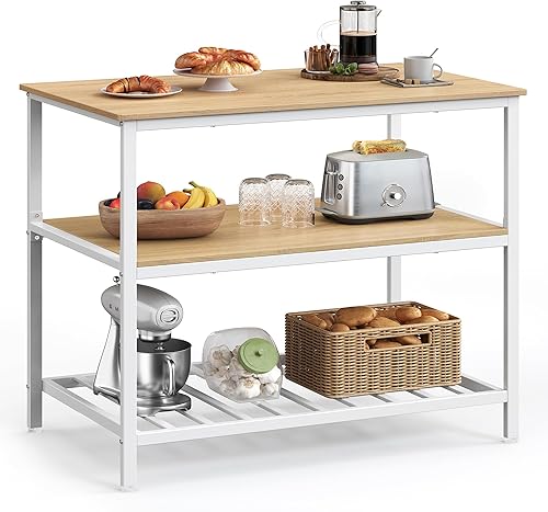 Butcher Block Table: VASAGLE Kitchen Island with 3 Shelves, 39.4-Inch Worktop, Stable Steel Structure, Industrial Design in Oak and White – Easy Assembly UKKI005W09