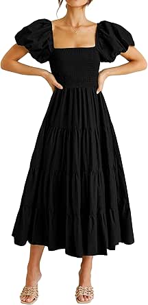 Smocked Dress: PRETTYGARDEN Women's 2025 Summer Casual Midi Dress with Puffy Short Sleeves and Square Neck Ruffled Tiers 2 Smocked Dress: PRETTYGARDEN Women's 2025 Summer Casual Midi Dress with Puffy Short Sleeves and Square Neck Ruffled Tiers