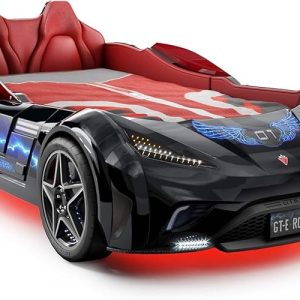 Race Car Bed for Boys: GTS EV Twin with Remote Control, LED Lights, Sounds, Vegan Leather Headboard, and Guardrails, Non-Toxic, Fits Twin Mattress, 250 lbs Capacity, Ages 3-12, Black