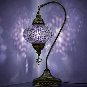 Turkish Lamps: Moroccan Mosaic Swan Neck Lamp in Tiffany Style – Vintage Decorative Glass Table Lamp for Bedroom, Office, Living Room, Perfect Gift (Purple)