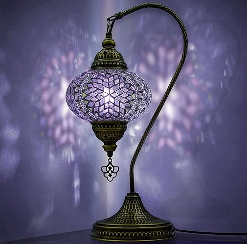 Turkish Lamps: Moroccan Mosaic Swan Neck Lamp in Tiffany Style - Vintage Decorative Glass Table Lamp for Bedroom, Office, Living Room, Perfect Gift (Purple)