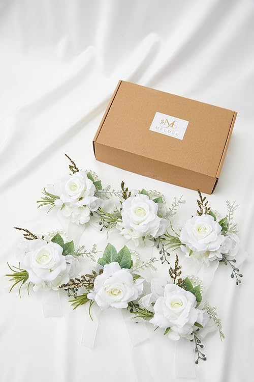 Corsages: Elegant Meldel Wrist Corsage Set of 6 - Artificial White Rose Pearl Wristbands for Weddings, Proms, and Parties