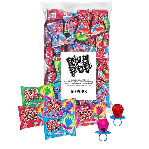 90s Candy Ring Pop Lollipops: Bulk Individually Wrapped Suckers Variety Pack - 50 Count with Assorted Flavors for Party Favors and Goodie Bags