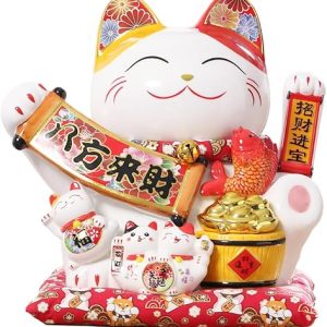 Maneki Neko Cat: Lucky Waving Arm Figurine – Chinese Ceramic Fortune Cat for Home, Office, and Store Decor
