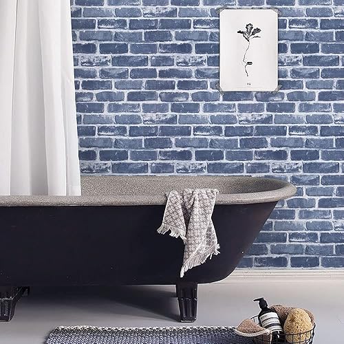 Wallpaper Brick Wallpaper: Timeet Blue Peel and Stick Self-Adhesive 17.7" x 118.11" Waterproof Textured Decor for Living Room Backsplash
