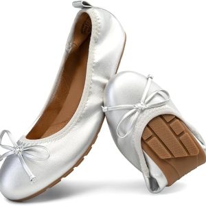 Silver Ballet Flats: DREAM PAIRS Women’s Foldable Comfort Slip-On Dress Shoes with Bowknot Round Toe