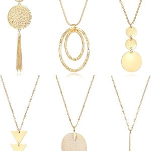 Long Long Necklace Set: Fesciory 6 PCS Gold Pendant Necklaces for Women with Bar, Circle, Leaf, and Triangle Designs