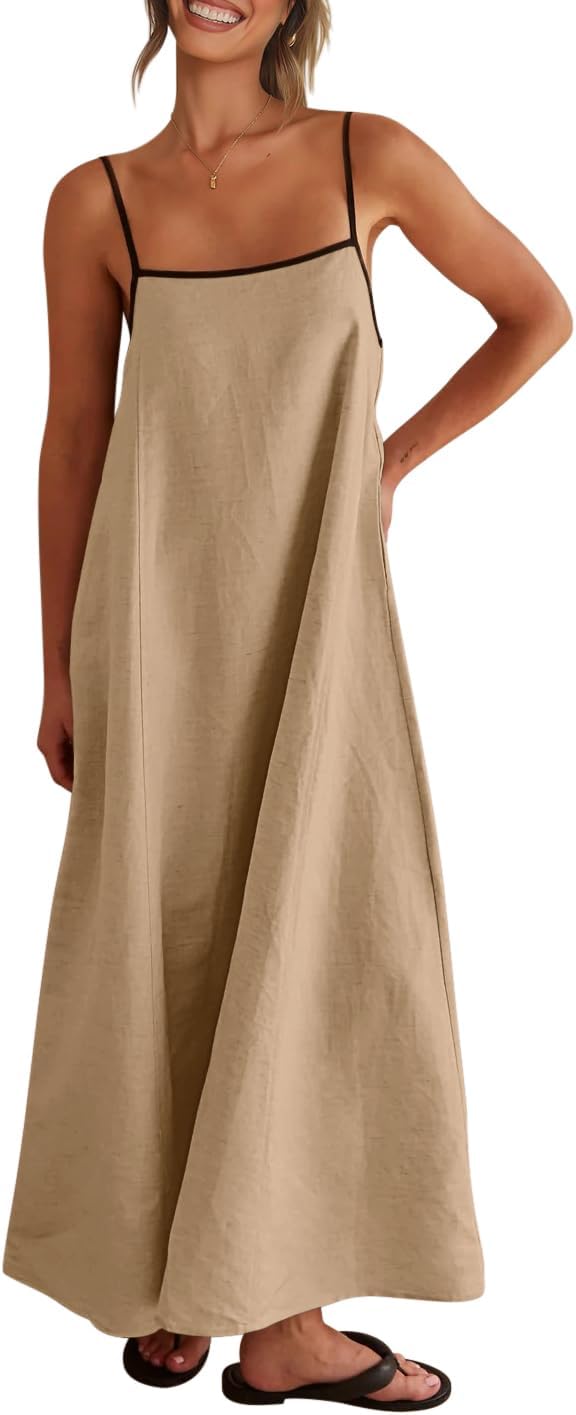 Shy Velvet Women's 2025 Linen Maxi Dress - Backless Sleeveless Summer Beach Party Dress with Contrast Spaghetti Straps