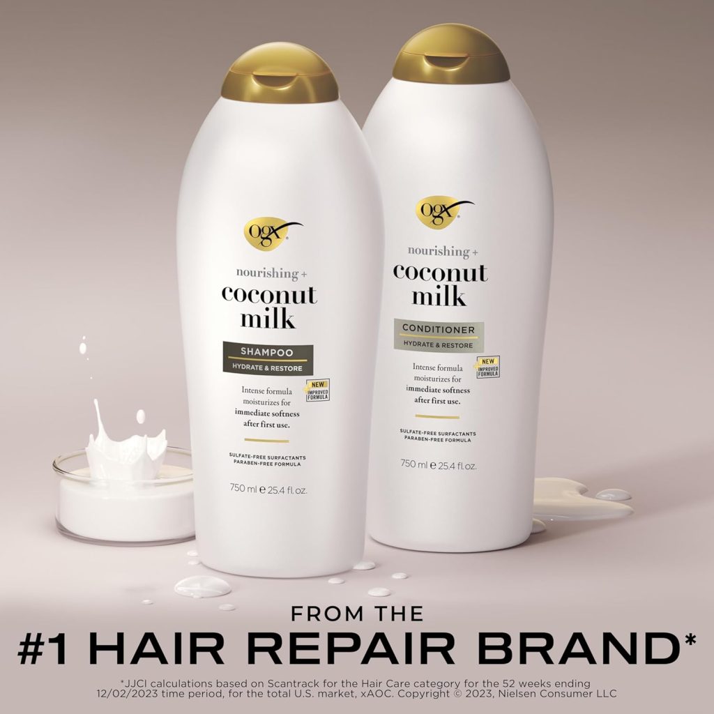 Coconut Shampoo and Conditioner Set by OGX: Nourishing + Coconut Milk, Sulfate-Free for Moisturizing & Strengthening Hair Care, 25.4 FL OZ, 2 Pack