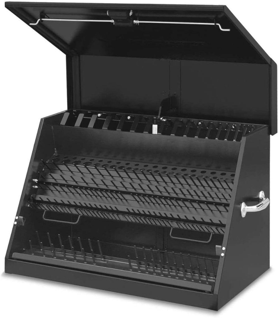 Montezuma Tool Box: LA400B 30-Inch Portable TRIANGLE Toolbox with Multi-Tier Design, 16-Gauge Construction, Weather-Resistant Features, and Locking System for SAE and Metric Tools